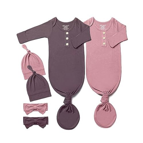 Baby Noah Newborn Knotted Gown Set with Hat and Headband, Soft Tie Bottom Newborn Sleepers for Baby Girl Boy (2 Packs)
