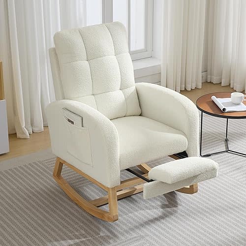 Nursery Rocking Chair, Glider Rocker Chairs for Nursery, Modern Rocking Armchair with Footrest and Side Pocket, Teddy Fabric Upholstered Glider Chair for Nursing Room, Living Room, Bedroom