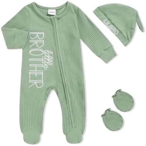 Newborn Baby Boy Outfits Zippered Romper Letter Embroidered Coming Home Jumpsuit with Hat Mittens