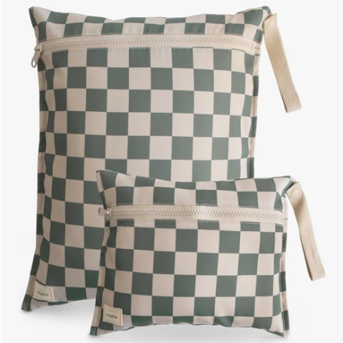 mushie Water Resistant Wet Bags | Large & Small Reusable Storage Bag for Baby Items and Travel | Zippered Pockets with Handle | Machine Washable, Set of 2 (Olive Check)