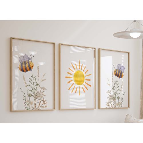 Bee Floral Watercolor Prints, Floral Bee Nursery Wall Art, Girl&#39;s Room Decor, Set of 3 Art Prints Shipped, 222