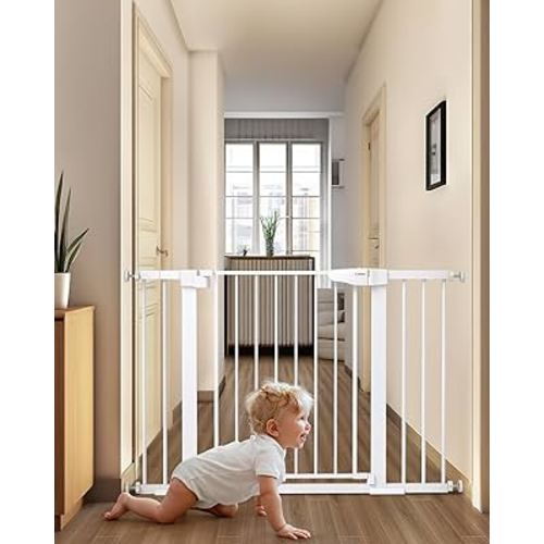 Mom's Choice Awards Winner-Cumbor 29.7-46" Baby Gate for Stairs, Auto Close Dog Gate for the House, Easy Install Pressure Mounted Pet Gates for Doorways, Easy Walk Thru Wide Safety Gate for Dog, White