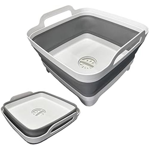 Collapsible Wash Basin, Space-Saving for Small Kitchen,Camping, RVs, Lightweight Collapsible Dish Pan 2.4 Gallons Foldable Handy Dish Tub with Drain and Handle