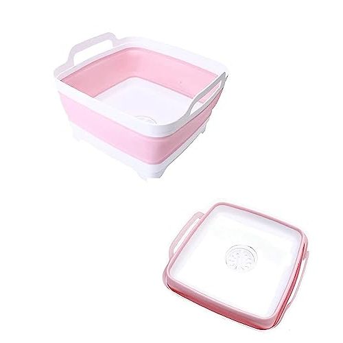 Collapsible Wash Basin 9L, Foldable Dish Tub with Drain Plug, Portable Collapsible Dish Basin, Camping Sink for Washing Dishes, Laundry & Kitchen Use (Pink)