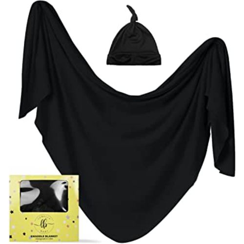 Large Stretchy Swaddle Blankets 47" - Newborn Swaddle and Hat Set - Jersey Receiving Baby Blanket for Boys & Girls - Soft Stretch Infant Wrap 0-3 Months (Bold Black)