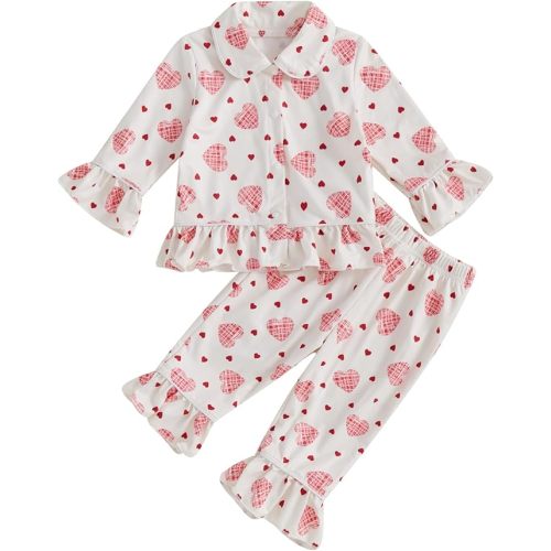 Biayxms Baby Kid Girls Ruffled Cotton Pajamas Set Long Sleeve Button Down Shirts Tops and Pants Matching 2PCS Pj Lounge Sets