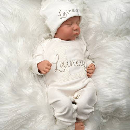 Personalized baby romper and hat | Gender Neutral coming home outfit | Minimalist baby outfit | baby shower gift | White and Taupe baby set