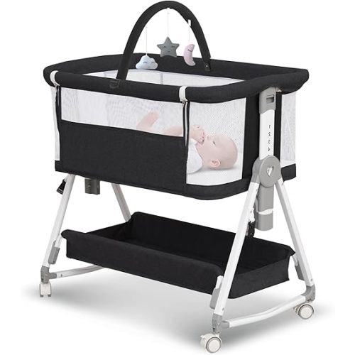 Baby Bassinet,3 in 1 Bedside Bassinet for Baby with Hanging Toys, Portable Foldable Baby Bassinets Bedside Sleeper,4-Sided Mesh Bedside Crib with Wheels and Storage Basket,6 Height Adjustable (Black)