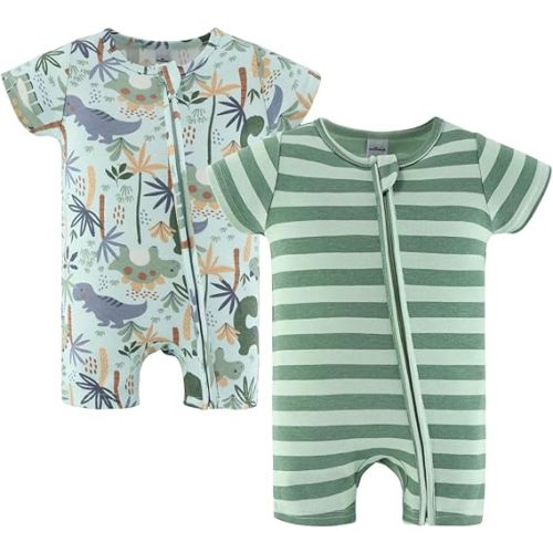The Peanutshell Baby Boy Rompers 2 Pack - 100% Cotton Clothes, Rompers for Newborn, Infant, and Baby Boy - Green Dino