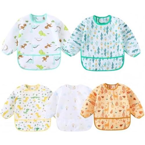 5-Pack Baby Long Sleeve Waterproof Bib Full Coverage Apron Bib Smock Toddler Bibs with Pocket 3-30 Months