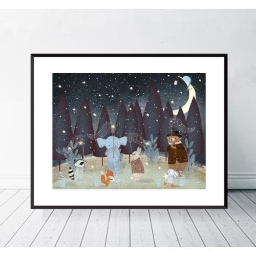 Little Falling Stars. Nursery art, Children's wall art, Neutral nursery art, Children's picture, Woodland theme.adventure theme, Whimsical        ,                     Print 18 x 12 inches