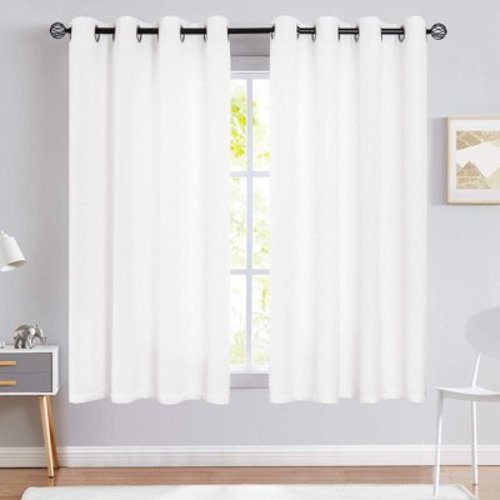 Curtainking Faux Linen Curtains 63 inches White Light Reducing Curtains Bedroom Living Room Window Curtain Set Thermal Insulated Drapes Grommet Top 2 Panels
