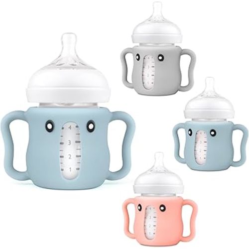 3 Pack Cute Silicone Sleeves with Handles for Avent Natural Glass Baby Bottles - Anti Breakage Holder, Compatible with Philips Avent Baby Bottles 4 oz,BPA Free