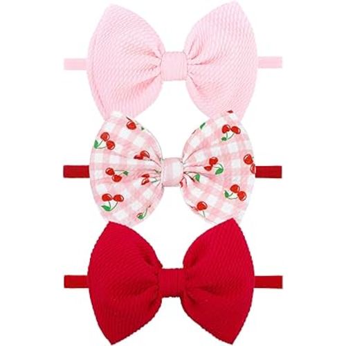 3 Pcs Baby Girl Headbands 4.5’’ Pink Bows Cherry Hair Accessories Summer Outfits for Newborn Infant Toddler Girls Clothes