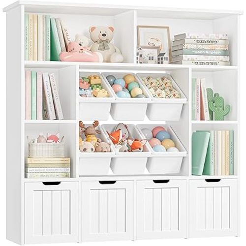 FINETONES Toy Storage Organizer with 6 Toy Bins, Toy Organizer Kids Bookshelf with 4 Movable Drawers and 6 Storage Cubbies, Toy Bins for Kids Organizer Playroom Storage for Living Room, White