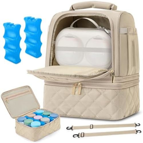 RAINSMORE Breast Pump Bag, Spectra & Medela Pump Backpack with Cooler Compartment & Ice Pack, Multi-Functional Travel Bag for Working Moms, Can Be Used as Diaper Bag or Insulated Lunch Bag - Nude