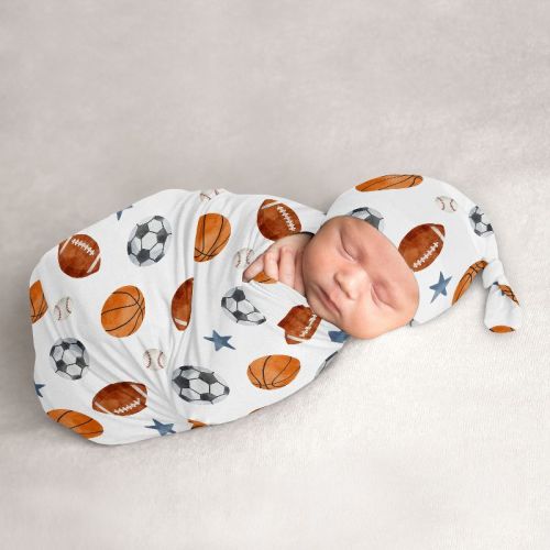Sweet Jojo Designs Boy Baby Cocoon and Beanie Hat Swaddle Wrap Watercolor Sports Theme Blue Brown and Orange 2pc