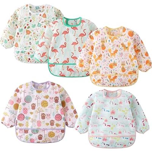 ElecMotive 5 Pack Long Sleeve Bib,Baby Toddler Waterproof Sleeved Bib for 6-30 Months Reusable with Catch-all Pocket