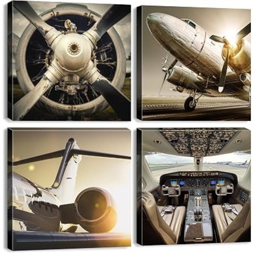 Vintage Airplane Wall Art Aviation Decor Airplane Propeller Wall Decor for Boys Room Office Military Fighter Canvas Poster Aircraft Engine Artwork for Mens Bedroom Man Cave Home Decoration 12x12" 4Pcs