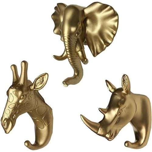 Set of 3 Elephant Head Giraffe Head and Rhino Head Wall Hooks / Hangers Animal Shaped Coat Hat Hooks (Gold)