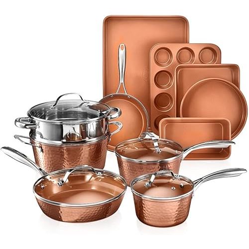 Gotham Steel Hammered 15 Pc Ceramic Pots and Pans Set Non Stick Cookware Set, Kitchen Cookware Sets, Ceramic Cookware Set with Non Toxic Cookware, Copper Pot and Pan Set, Oven & Dishwasher Safe