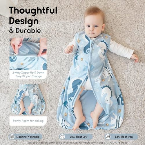 Yoofoss Baby Sleep Sack 6-12 Months 0.5 TOG Baby Wearable Blanket, 100% Cotton Infant Toddler Sleeping Sack 2-Way Zipper Lightweight Sleep Sack, Seahorse