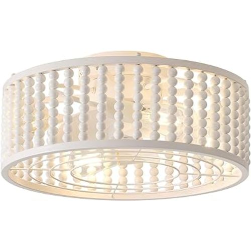 Ceiling Fans with Lights and Remote, Caged Ceiling Fan with Handcrafted Beaded Décor 6 Speeds Reversible 19 inches Bulbs Included for Flush Mount Ceiling, White