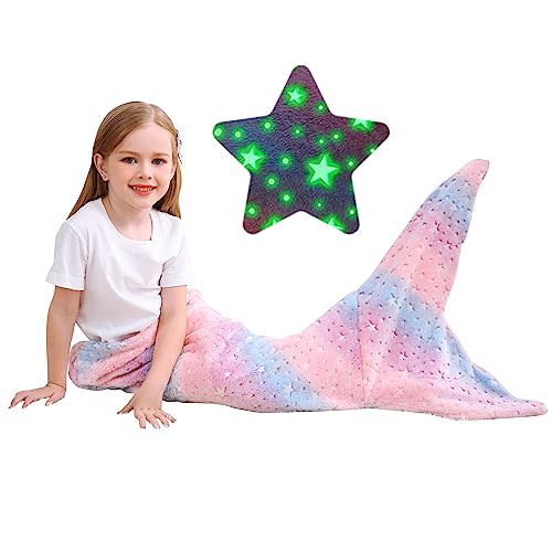 Softan Kids Mermaid Tail Blanket, Glow in The Dark Toddler Mermaid Blanket with Glittering Stars and Rainbow Ombre Fish Scale Design - 17" x 39"