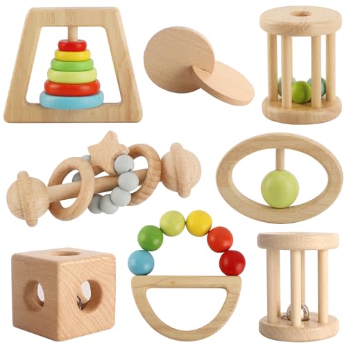 Wooden Baby Rattle, 8PCS Wooden Baby Toys for 7-24 Months Babies, Wooden Montessori Grasp Toy, Natural Beech Wood Baby Grip Toy, Wooden Rattles Toy for Infant Grasping (Colorful)