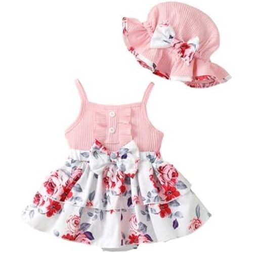 SUNNY PIGGY Baby Girl Clothes Newborn Infant Romper Sleeveless Suspender Dress Summer Outfits Sets with Hat