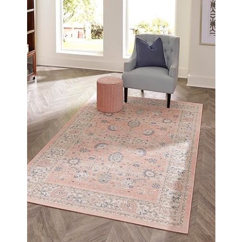 Unique Loom Whitney Collection Traditional Border Area Rug (4' 0 x 6' 0 Rectangular, Powder Pink)