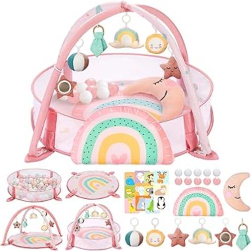 7-in-1 XL Large Baby Play Gym Mat, Tummy Time Mat, Baby Activity Mat, Baby Gym & Ball Pit with Tummy Time Pillow, 10 Balls, Milestone Cards & 6 Detachable Toys Rainbow
