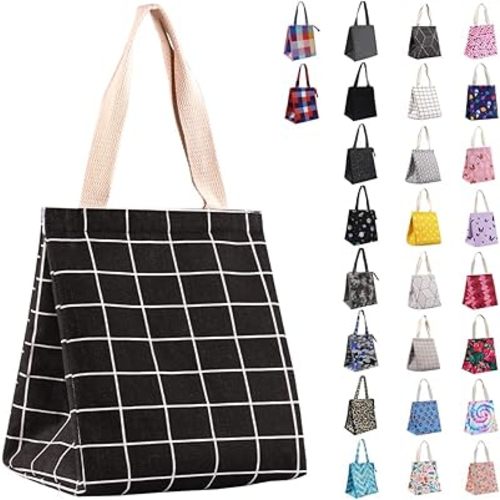 iknoe Insulated Lunch Bag for Women, 9L Sturdy Wide-Open Foldable & Portable Lunch Tote with Interior Pockets, Water-resistant Thermal Lunch Cooler for Adults Picnic Beach-Black Plaid
