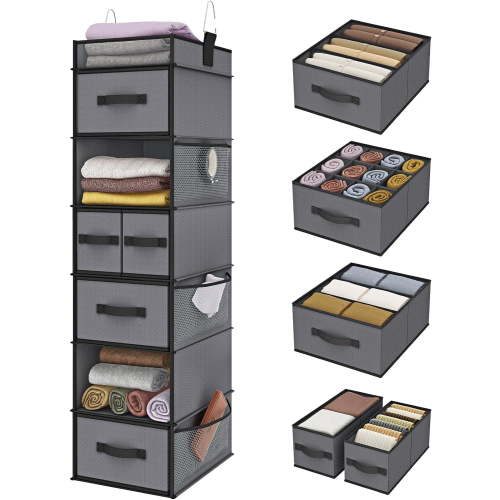 1 Pack 7-Shelf Hanging Closet Organizer, Closet Organization and Storage with 5 Different Drawers, 6 Side Pockets Wardrobe Clothes Organizer for Closet Dark Grey
