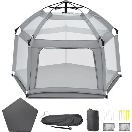 Portable Baby Playpen with Inflatable Mattress & Sunshade,Outdoor Baby Playpen for Babies and Toddlers,Foldable Pop Up Play Tent for Home, Park, Beach and Camping,Beach playpen-Light Gray