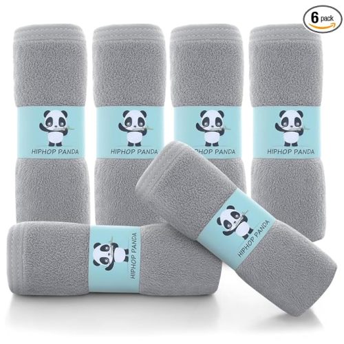 HIPHOP PANDA Baby Washcloths, Rayon Made from Bamboo - 2 Layer Ultra Soft Absorbent Newborn Bath Face Towel - Reusable Baby Wipes for Delicate Skin - Grey, 6 Pack