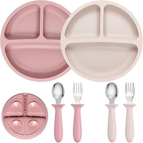 2 Pack Silicone Divided Baby Plates with Suction, 2 Pack Toddler Forks and Spoons Set, BPA Free, Baby Feeding Set for Toddler Utensils, Microwave and Dishwasher Safe