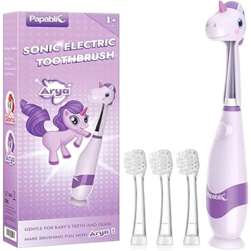 Papablic Toddler Sonic Electric Toothbrush for Ages 1-3 Years, Baby Electric Toothbrush with Cute Unicorn Cover and Smart LED Timer, 4 Brush Heads (Arya)