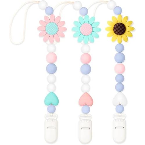 Silicone Pacifier Clip, 3 Pack Pacifier Holder for Boys and Girls, Adorable Sunflower Pacifier Clips Fits for Most Pacifier, Baby Teethers, Baby Shower and Baby Gift