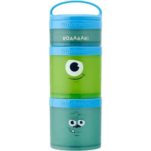 Whiskware Disney Pixar Stackable Snack Containers for Kids and Toddlers, 3 Stackable Snack Cups for School and Travel, Monsters Inc Mike Wazowski and Sulley