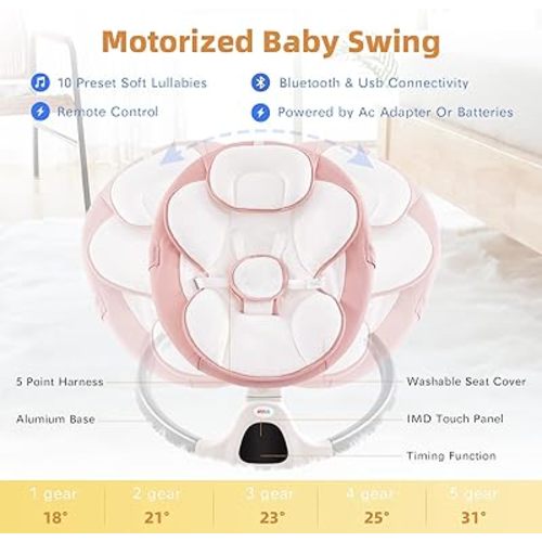 Jaoul Baby Swing for Infants - Electric Portable Newborn Bouncer With Bluetooth Touch Screen/Remote Control, Timing Function, 5 Speeds, 3 Seat Positions for Boys and Girls (Pink)