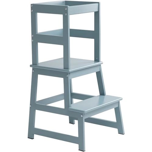 Kitchen Tower for Kids with Safety Rail,Toddler Standing Tower for Kitchen Counter, Baby Montessori Tower,Solid Wood Construction,Blue