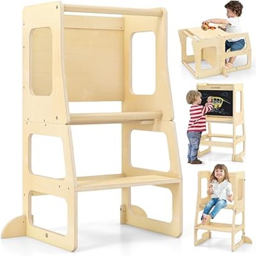 OLAKIDS Toddler Tower, 4 in 1 Foldable Kitchen Stool Learning Standing Tower with Chalkboard Removable Safety Rail, Kids Wooden Collapsible Montessori Step Stool Table and Chair Set