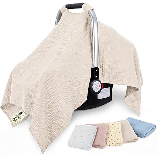 infancie 100% Organic Muslin Cotton Car Seat Cover 35 x 50 Inches Soft Touch Breathable Canopy, Protective Car Seat Cover Baby All Seasons Lightweight Car Seat Cover Travel Comfort (Ivory)