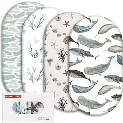 Gllquen Baby Bassinet Sheets 4 Pack, Breathable Cozy Fitted Mattress Sheet, Elastic Travel Crib Fashionable Floral Pattern, Standard Cradle Safe Sheets for Baby Boy Girls 32"X16" (Marine)