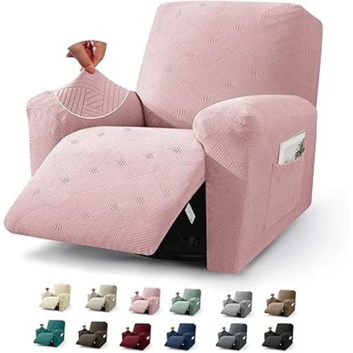 JIVINER Recliner Chair Covers, Jacquard 3 Piece Slipcovers for Recliner Chair Soft Stretch Lazy Boy 1 Seater Reclining Protector with Pockets (Recliner, Dusty Pink)