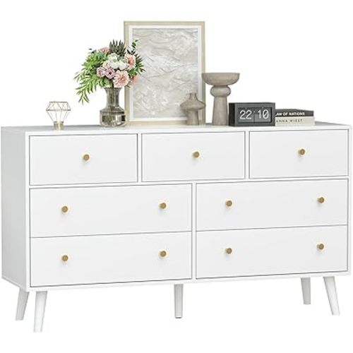 55” White Dresser, 7 Drawer Dresser for Bedroom with Wide Drawers and Gold Knobs, Wood Dressers & Chests of Drawers