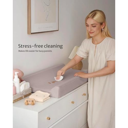Blissful Diary Vegan Leather Baby Changing Pad with Waterproof & Wipe-Clean PU Cover, Standard Size Cozy Diaper Changing Pad for Dresser and Table, Taupe