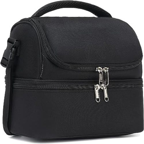 FlowFly Double Decker Cooler Insulated Lunch Bag Large Tote for Boys, Girls, Men, Women, With Adjustable Strap,Black