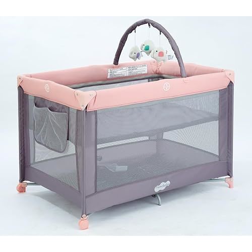 Pamo Babe Portable Playard with Mat Pad and Toy Bar Pink Play Yard for Baby